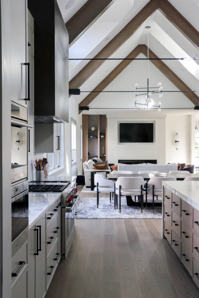 Kitchen and living room design and remodel with ceiling beams