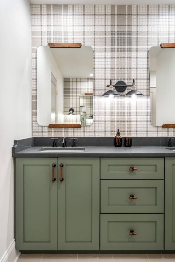 Kids bathroom green vanity and triple sink
