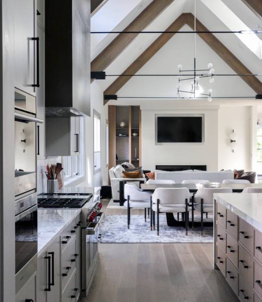 Kitchen and living room design and remodel with ceiling beams